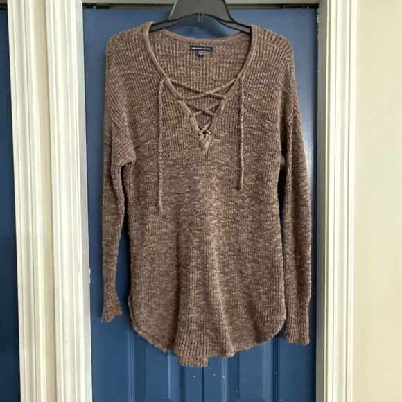 American Eagle Chocolate Brown Lace Up Sweater Size M - Picture 1 of 5